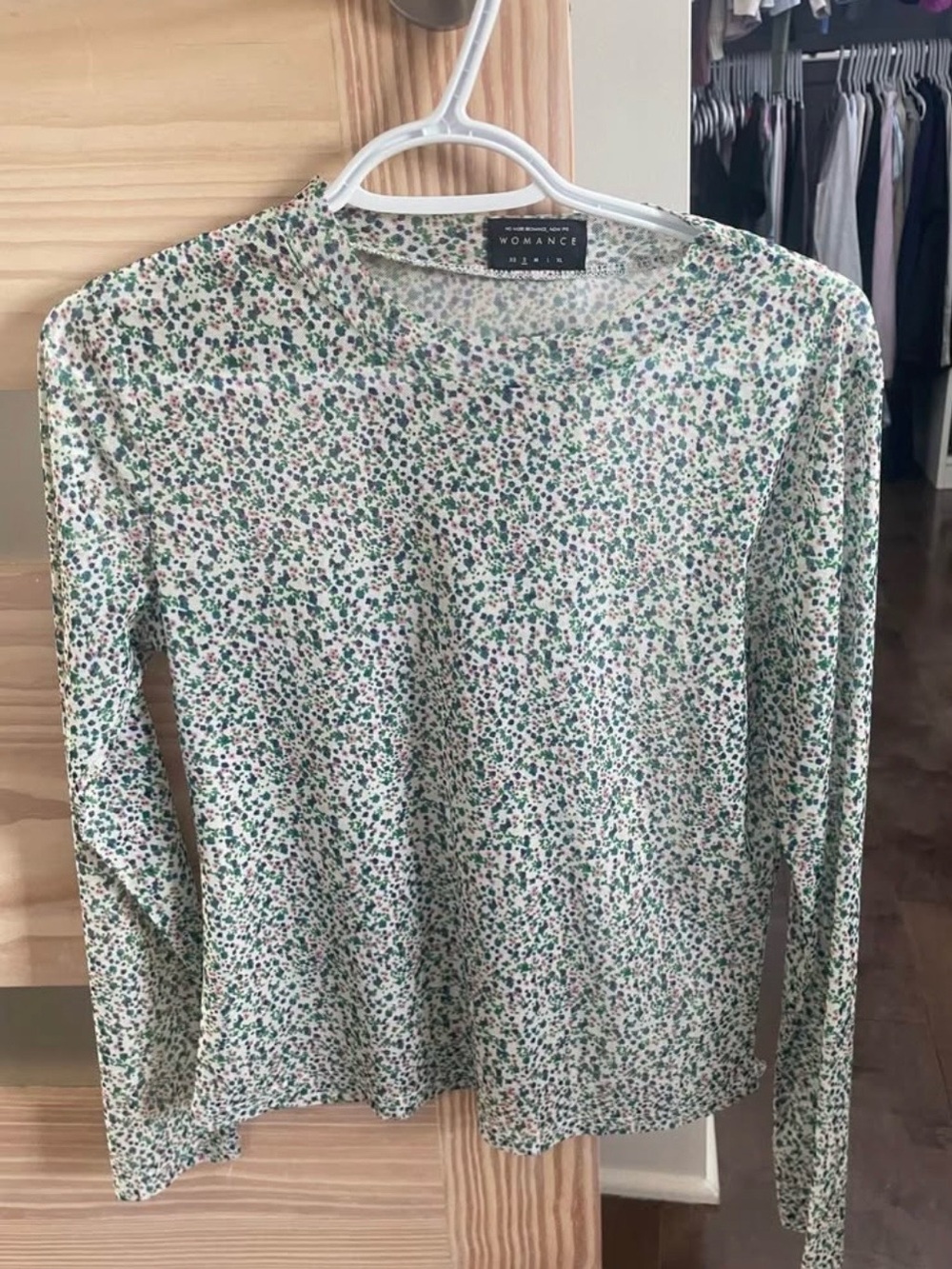 Womance Romantic Floral Crewneck Sweater - Green/White - small